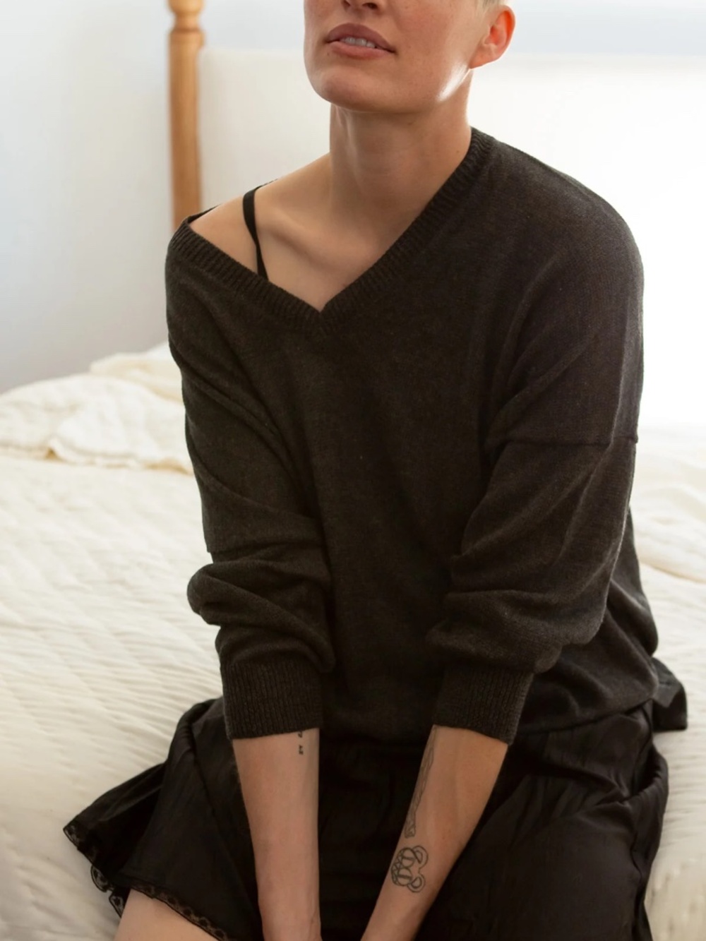 ERICA TANOV The Anna Cotton V Neck Pullover Charcoal In Pima Cotton Handmade 3 L